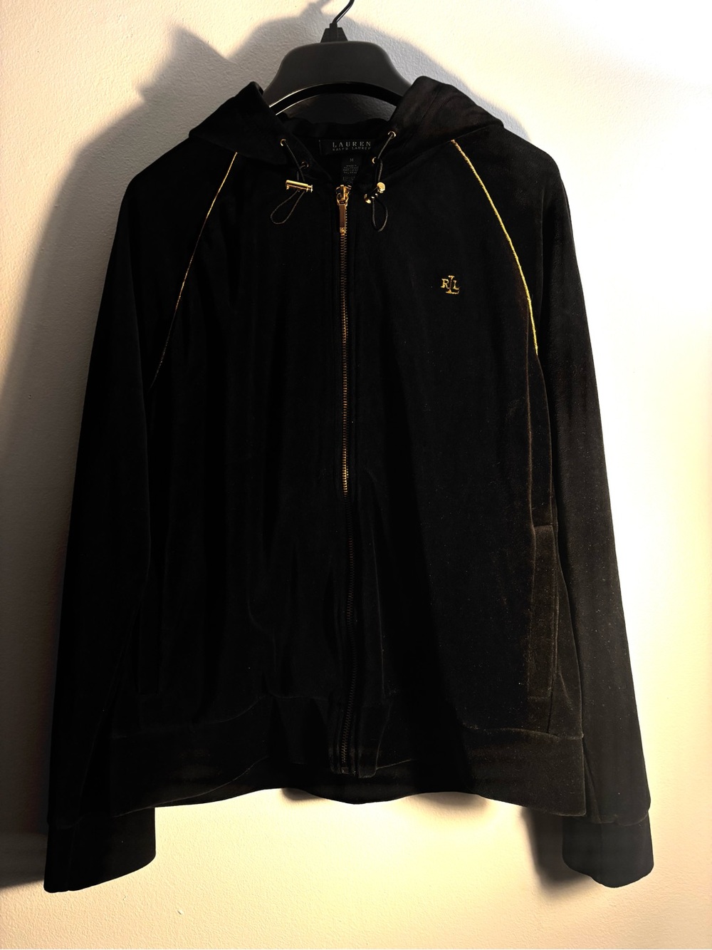 Ralph Lauren Black Velour Hoodie with Gold Accents